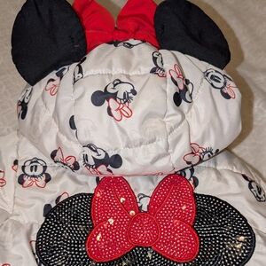 Minnie Mouse Themed Puffer Jacket with Red Bow, Glitter Detail, 3T